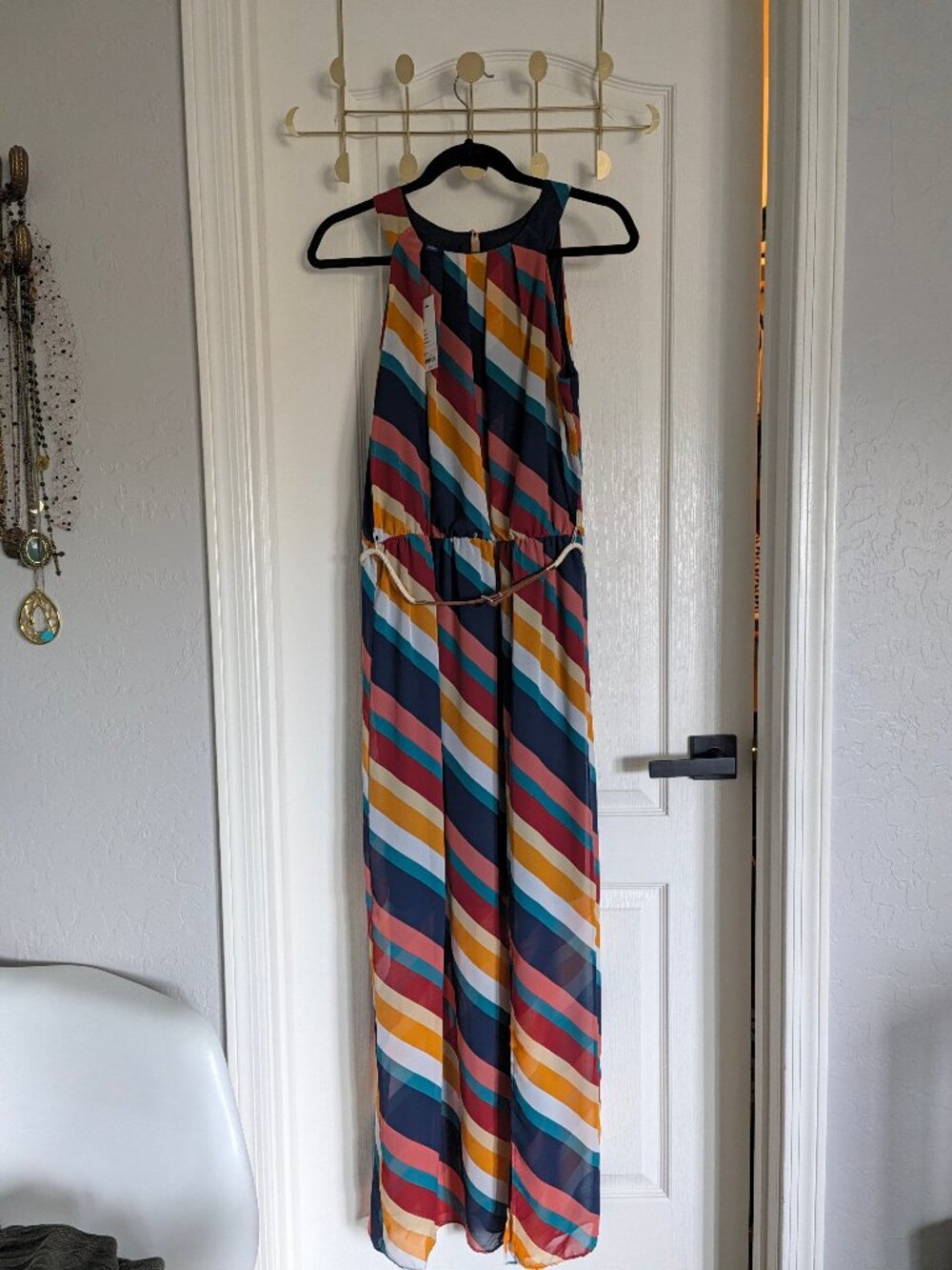 NWT Apt. 9 Multicolor Diagonal Stripe Chiffon Maxi Dress with Rope Belt – L
